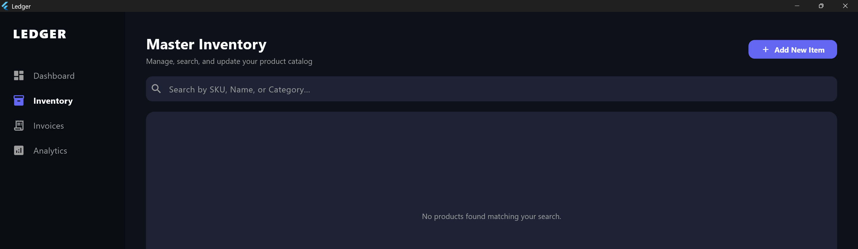 Ledger master inventory screen with search by SKU, name, or category
