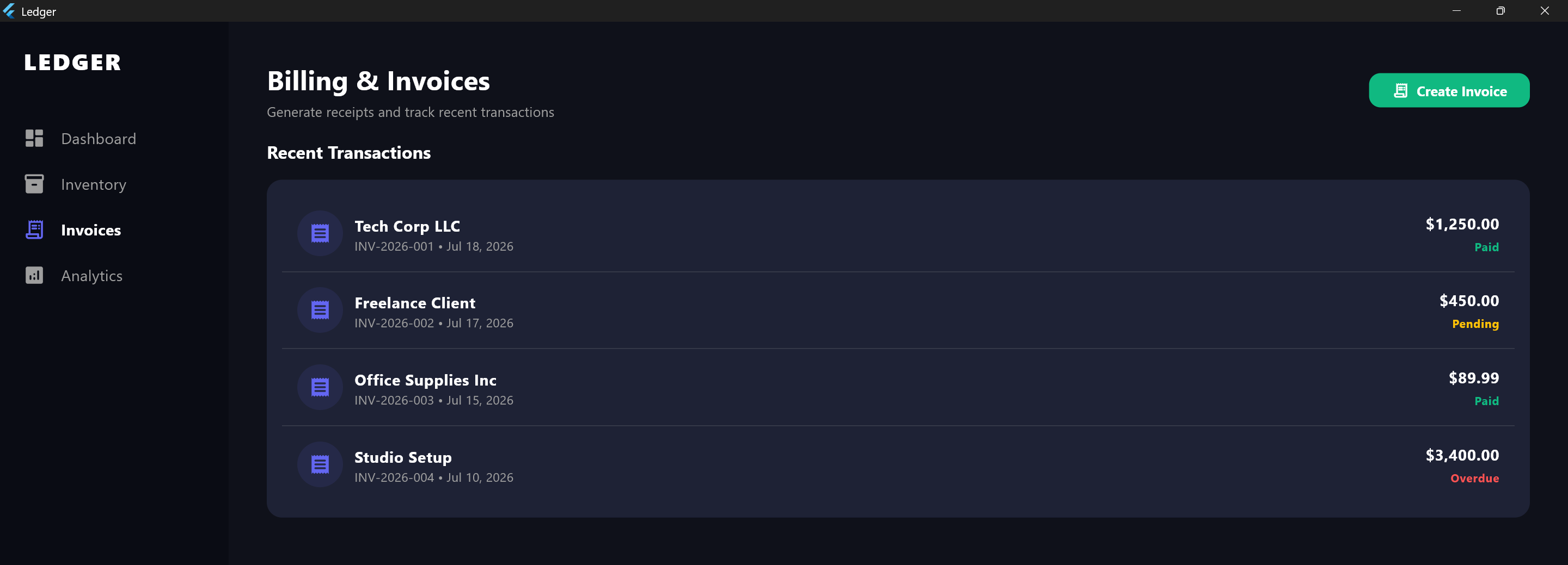 Ledger billing and invoices screen showing recent transactions with paid, pending, and overdue statuses
