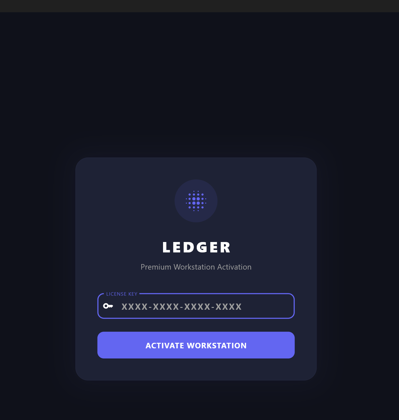 Ledger license activation screen in dark mode with a license key entered