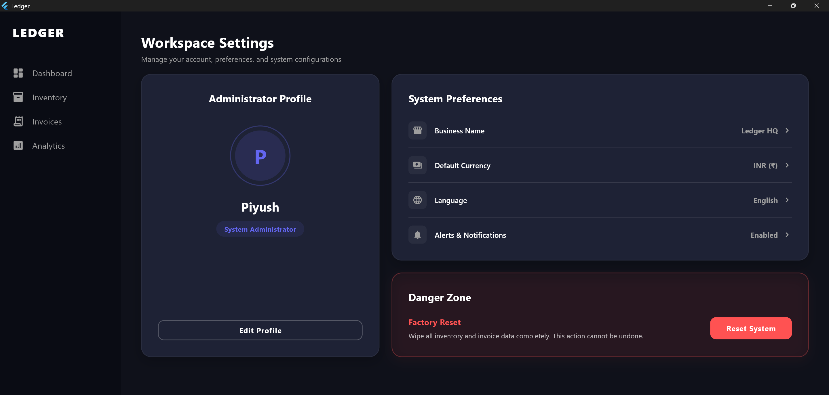 Ledger workspace settings screen with administrator profile and danger zone